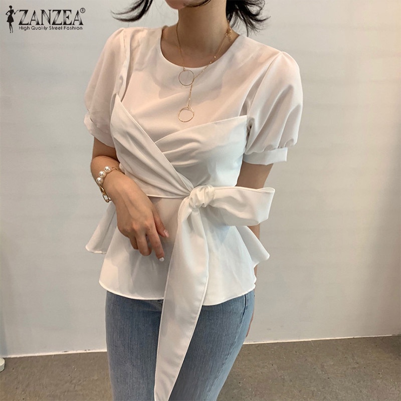 Áo kiểu Zanzea tay ngắn cổ tròn cột nơ lưng sau thời trang Hàn Quốc cho nữ