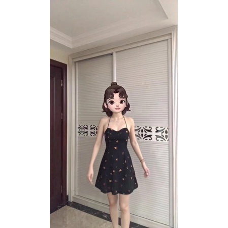 Đầm 2 dây thắt nơ in hoạ tiết phong cách retro