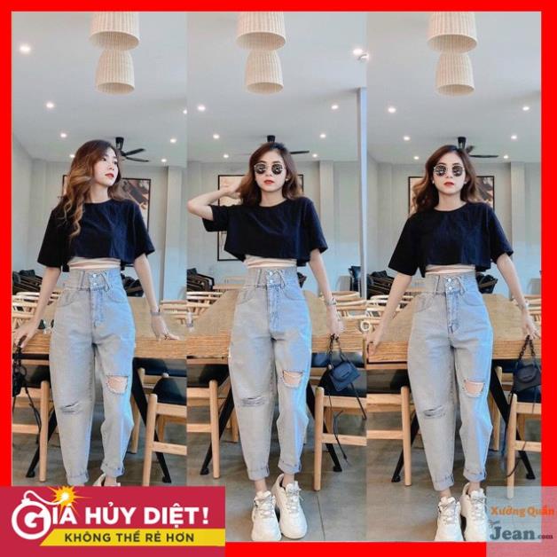 Sale Quần Jean Baggy Nữ Rách Màu Xanh Nhạt 2 Nút Đai Dấu Nhân - 405