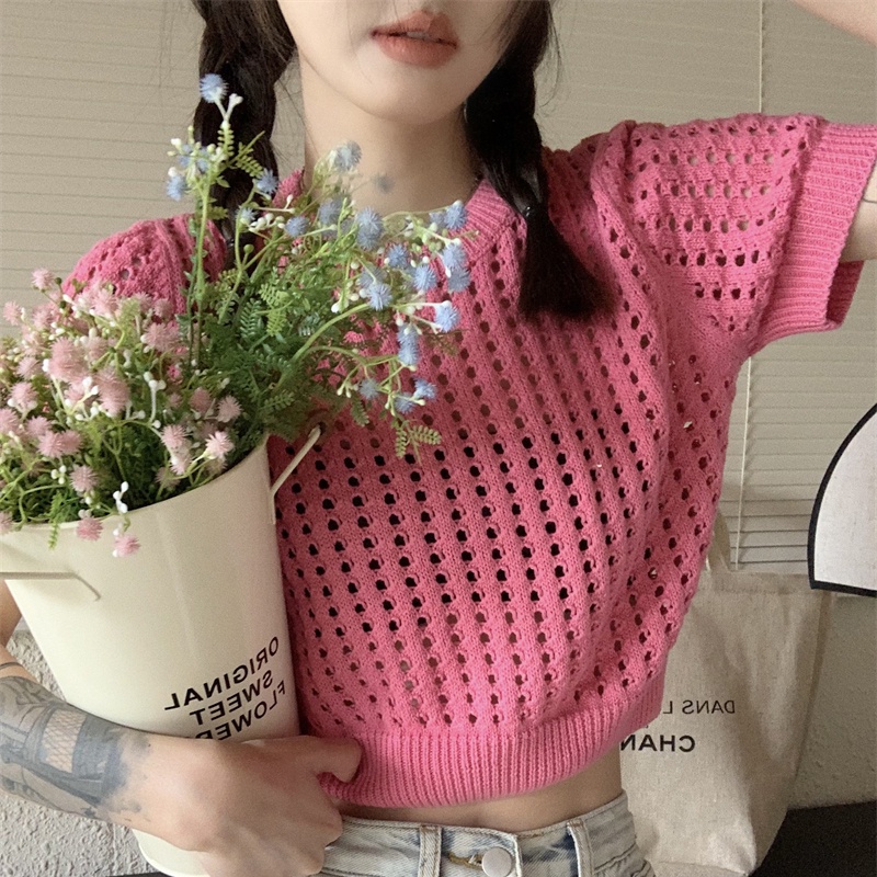 IELGY Áo Thun Dệt Kim Tay Ngắn Dáng Rộng Đục Lỗ Kiểu Hàn Quốc Thời Trang Cho Nữ