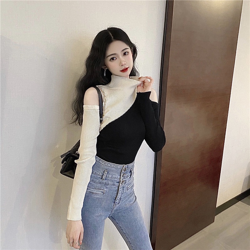 Porozi  Áo dệt kim dài tay hở vai phong cách Hàn Quốc cho nữ