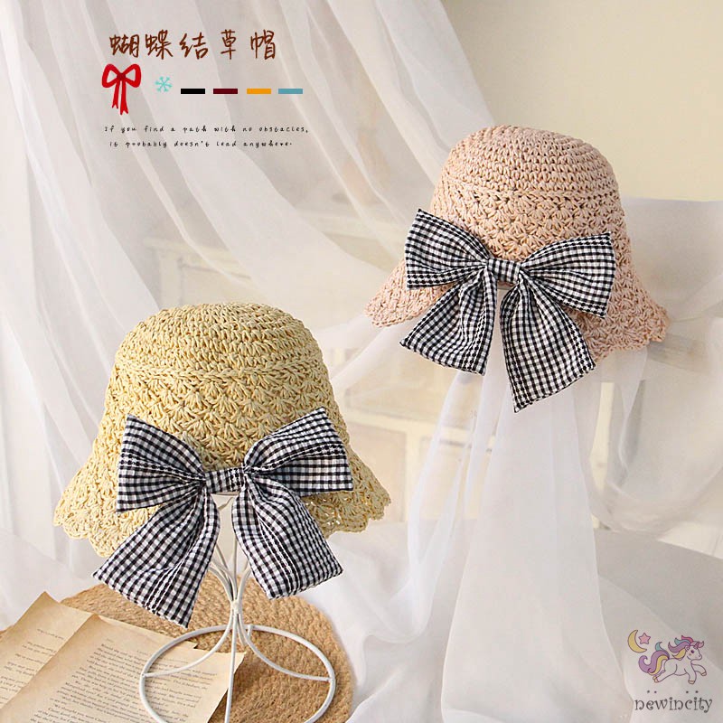 Mũ Cói Thắt Nơ Kẻ Sọc Caro Đáng Yêu Cho Bé Gái