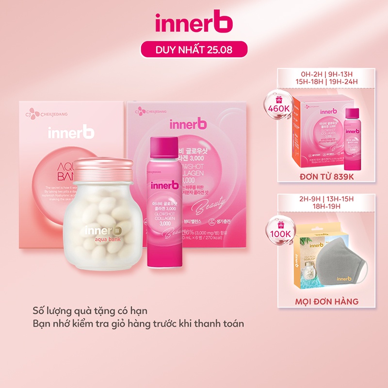 [Mã FMCGMALL -8% đơn 250K] Bộ đôi giữ ẩm, sáng da InnerBAquaBank lọ 56 viên & hộp 6 chai nước uống Collagen Glowshot