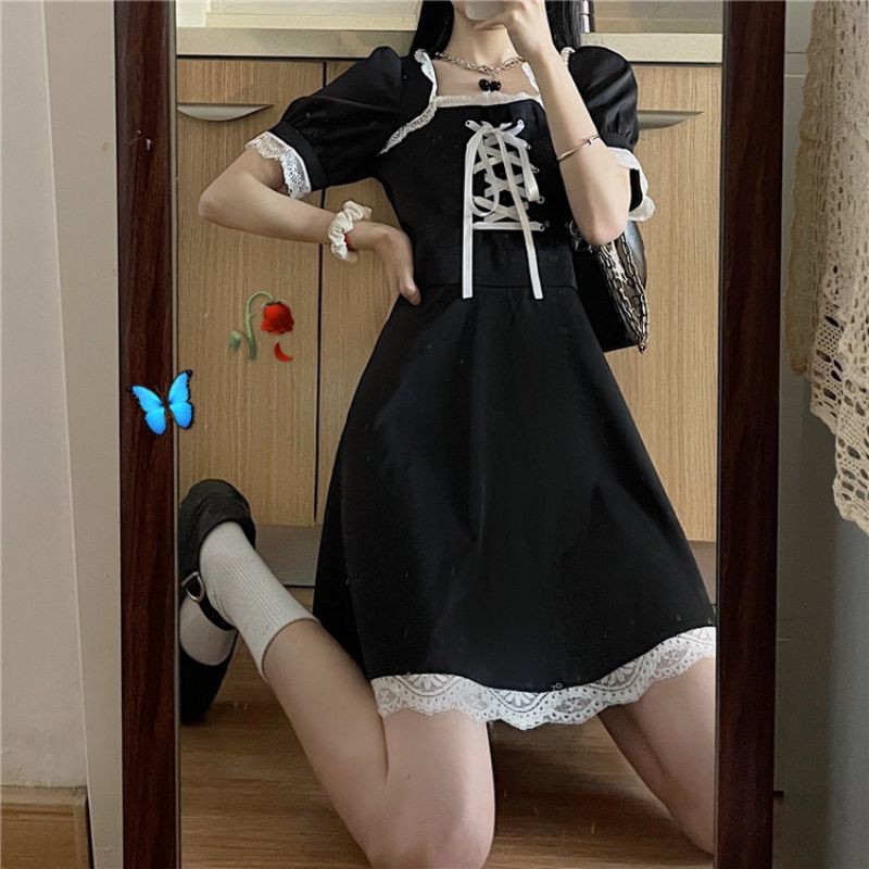 [Có Ảnh Thật - Order] (B) Váy đầm Gothic Lolita đan nơ Hàn Quốc dáng cờ loại đẹp màu đen🎀