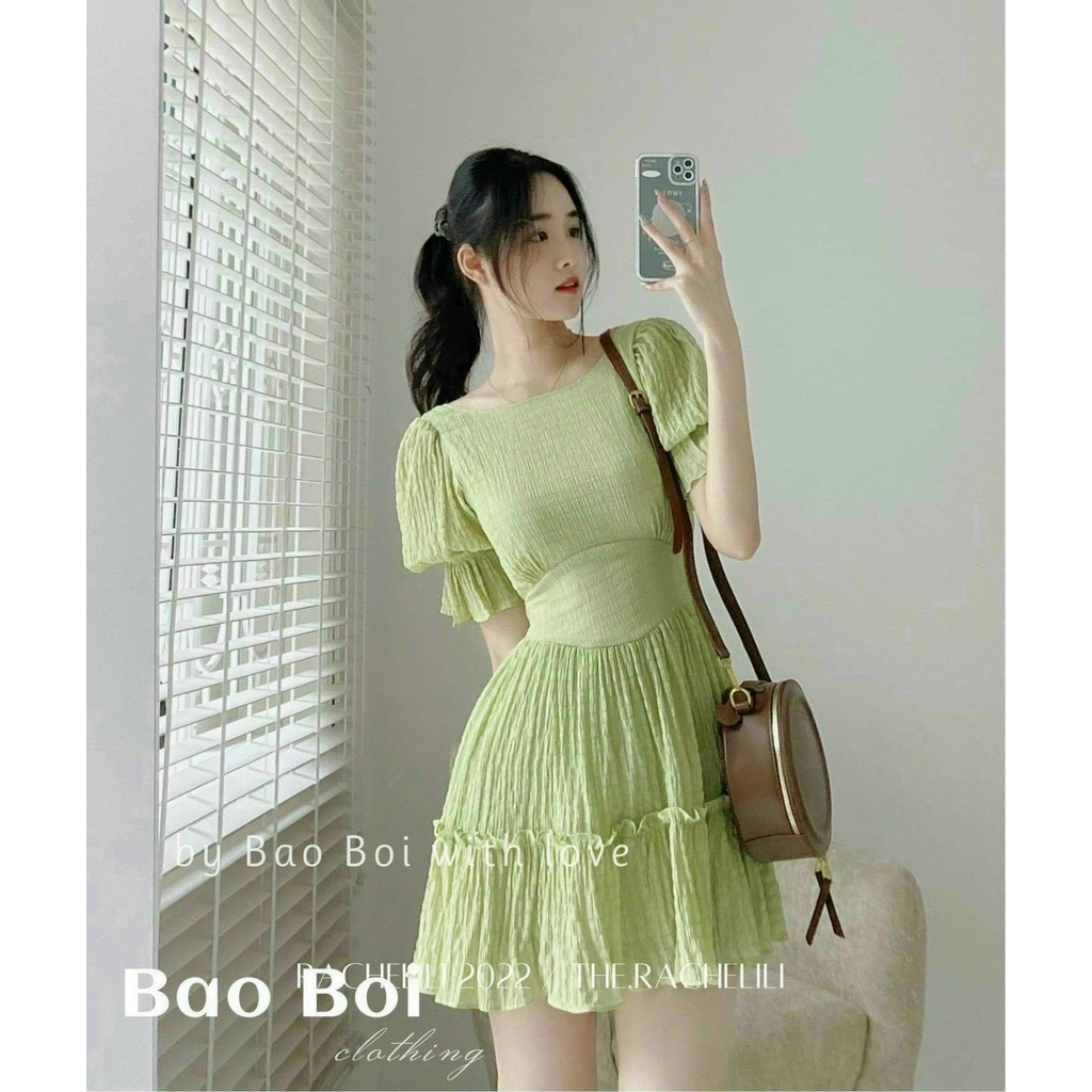 Đầm tay phồng mooking ba màu nâu đen xanh có mút có lót