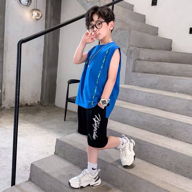 Đồ bộ bé trai BABEKIDS cotton sát nách mùa hè họa tiết chữ dọc Play,quần áo dành cho trẻ em từ 14 đến 45kg
