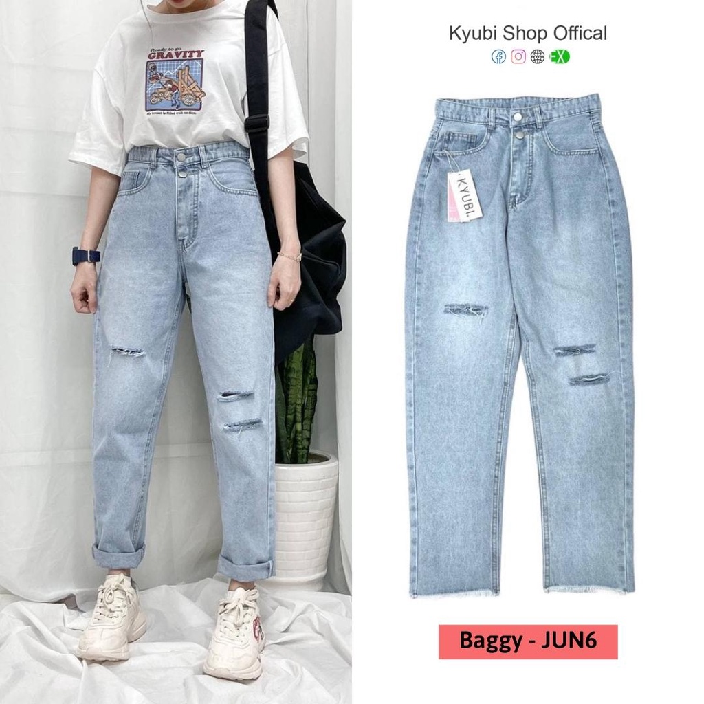 Quần jean baggy nữ ulzzang Kyubi lưng cao cắt lai tua rách cá tính [Có Bigsize]- Baggy jean Kyubi JUN3