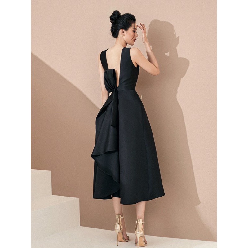 Đầm đen dự tiệc sang trọng dáng xoè hở lưng nơ Taffeta cao cấp - MN104 - Đầm Váy Mina -KJH(*