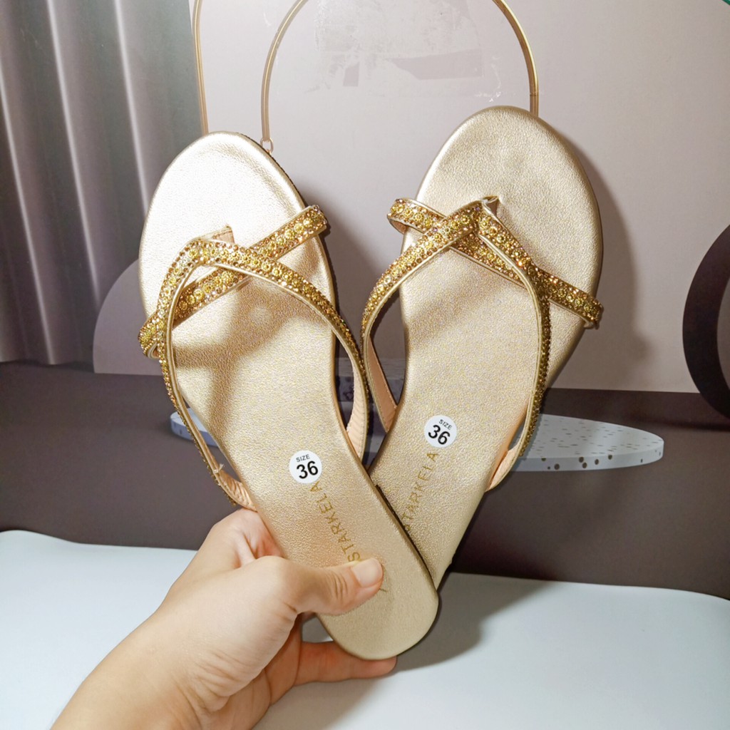 Dép kẹp mũi tròn đính đá lót nhũ đế dẻo xịn  Mys Rosa Factory đ-0266