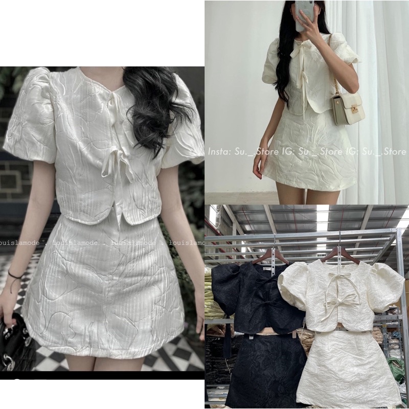 [NEW]SET TACTA VÂN HOA ÁO NƠ TAY BỒNG MIX CHÂN VÁY CHỮ A”NAJI DRESS”