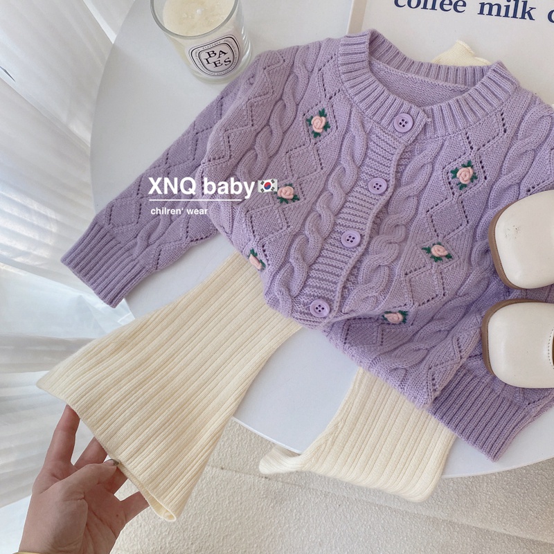 Áo Khoác Cardigan Dệt Kim dài tay Thêu hình họa phong thái korea trang điểm ngày thu 2022 Cho Bé Gái