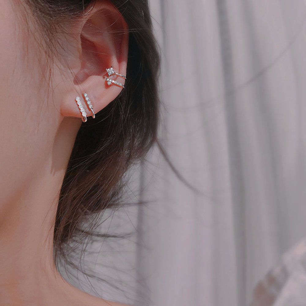 Khuyên kẹp vành tai hai lớp đính đá nhân tạo phong cách Hàn Quốc thời trang dành cho nữ