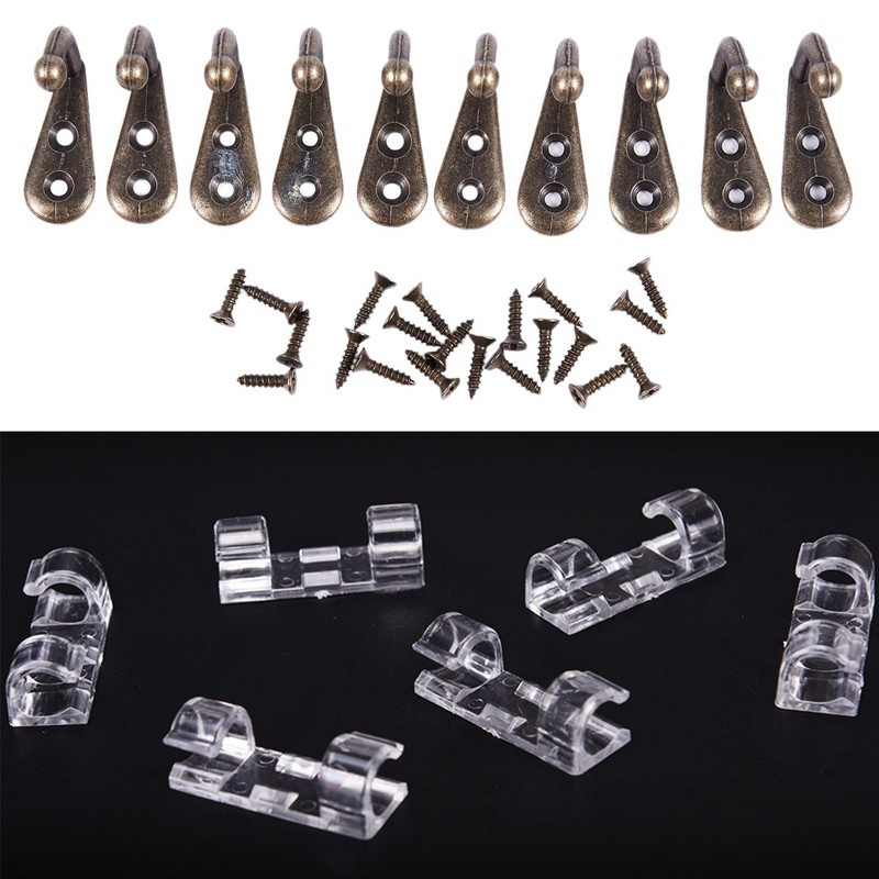 10pcs Bronze Vintage Style Wall Mounted Single Hook Hangers & 20Pcs Wire Fixing Clamp Clip Desktop Wire Clear Up Clips