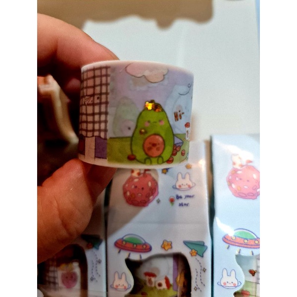 Hộp washitape/sticker thỏ phi hành gia ánh kim 4 cuộn(1cuộn lớn, 3 cuộn vừa),có  clip, mã LT-HZ