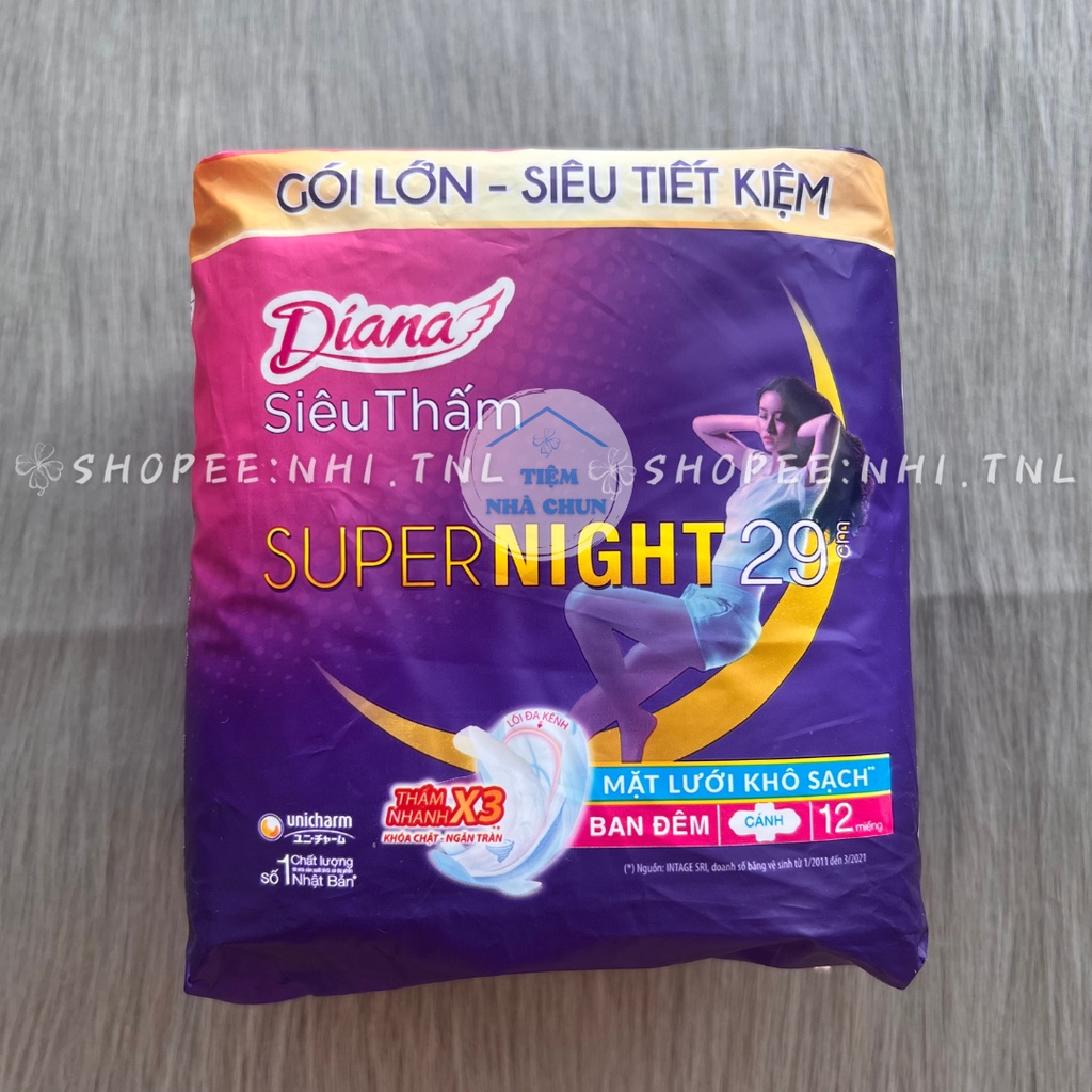 CHE TÊN - Gói 4 Miếng / Gói 12 Miếng BVS Super Night 29cm - Băng Vệ Sinh Ban Đêm Diana Siêu Thấm Night Mặt Bông- NHI.TNL