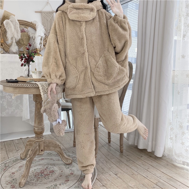 Bộ đồ ngủ mùa đông lông cừu giữ nhiệt tốt, nhung bông mềm mịn cho nữ siêu ấm, bộ mặc nhà nữ dày dặn có vòng cổ -THÔNGTHU | BigBuy360 - bigbuy360.vn