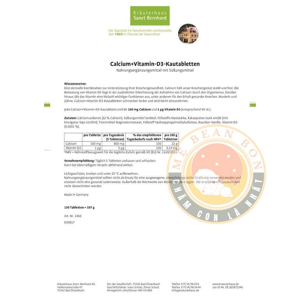 Viên ngậm canxi Calcium Vitamin D3 Sanct Bernhard hàng Đức hương Socola 150 viên cho bé trên 2 tuổi và cả gia đình