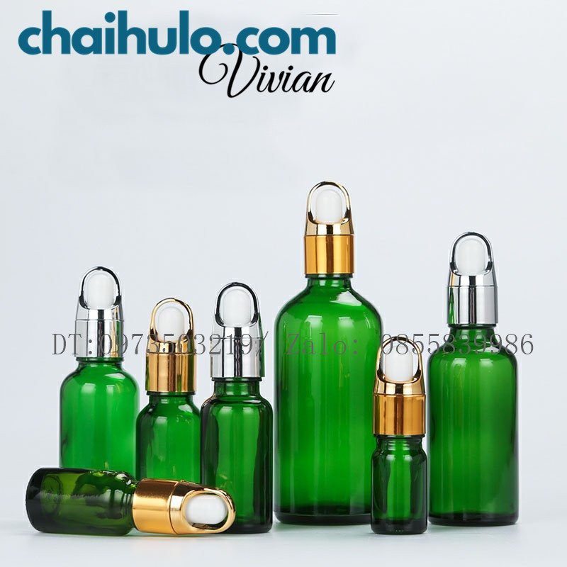 20ml - Chai lọ đựng serum, tinh dầu, mỹ phẩm, thân thủy tinh xanh lá, nắp bóp khoét