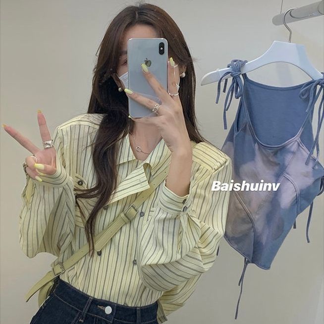 Áo sơ mi tay dài in sọc vàng thời trang Hàn Quốc dành cho nữ
