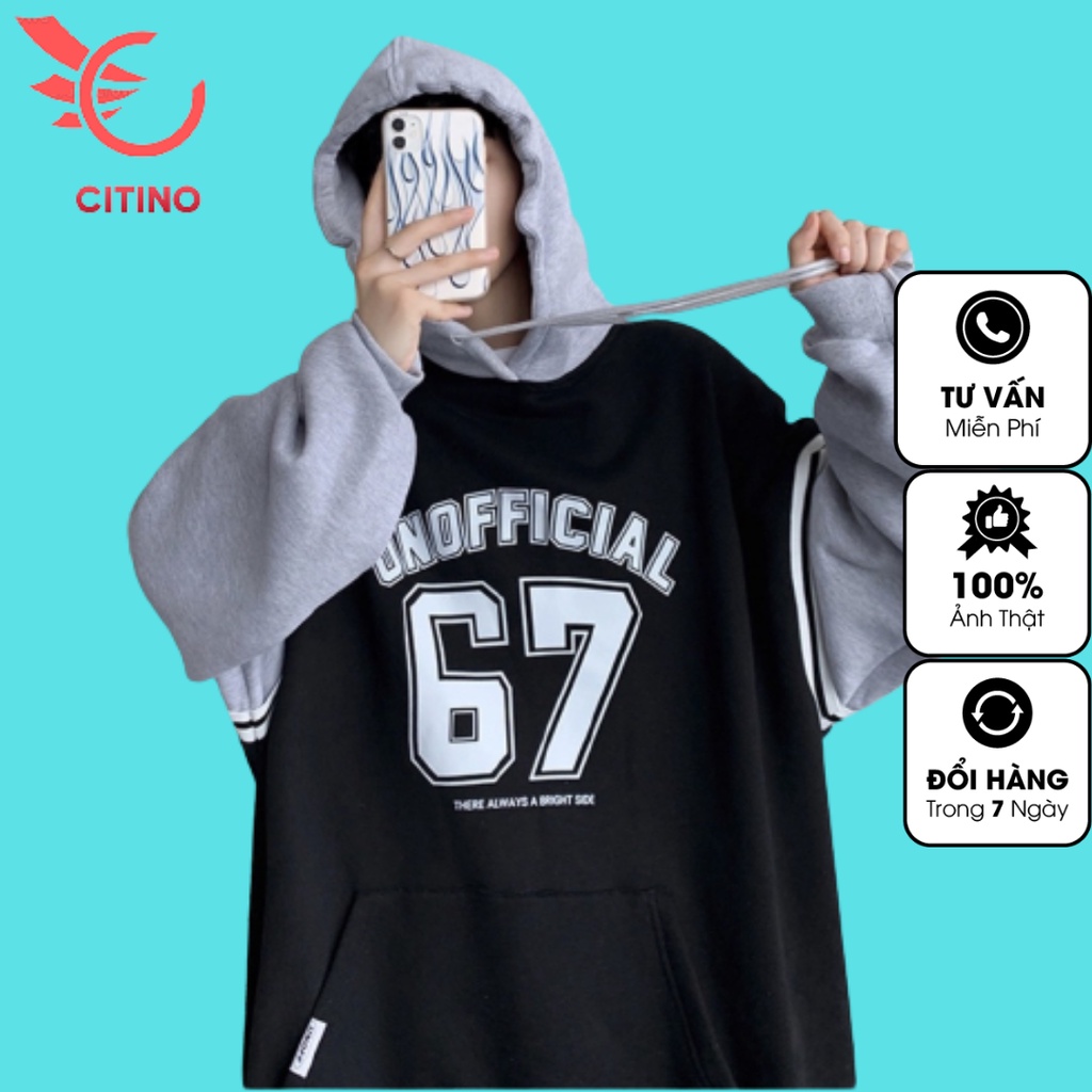 Áo hoodie bóng chày TINOWEAR, áo nỉ form rộng in chữ unofficial, unisex phong cách Ulzzang Hàn Quốc cá tính.