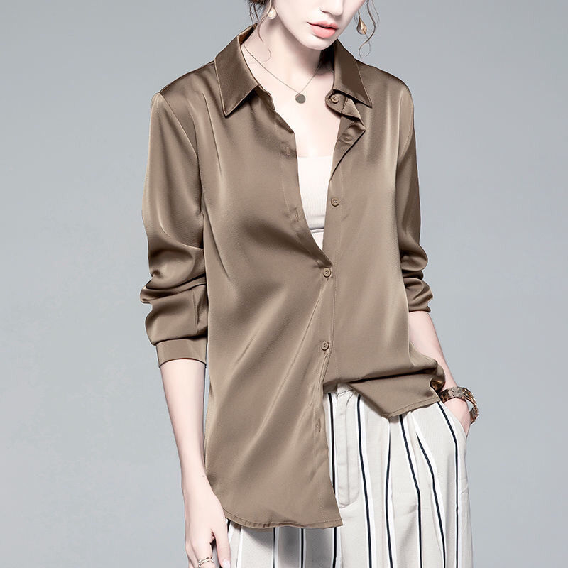 Áo sơ mi chiffon Satin tay dài dáng rộng đa năng phong cách Vintage dành cho nữ