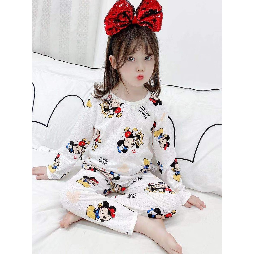 Bộ Dài Tay Cotton Lưới Mặc Đi Ngủ Nằm Máy Điều Hòa Cho Bé Trai Gái size 1-7 tuổi