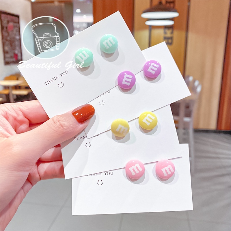 Khuyên Tai Mặt Kiểu Hạt Tròn Mini Chữ M Nhiều Màu Thời Trang Cho Nữ
