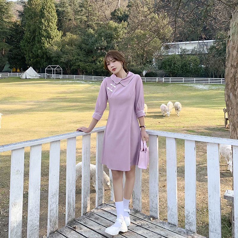2022 Spring and Autumn New Cheongsam improved version of the small doll collar medium-long dress temperament waist shows a thin woman