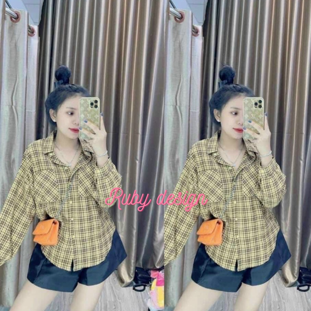 Sơ mi nữ áo sơ mi nữ caro dài tay form rộng 2 túi ngực cao cấp phong cách trẻ trung năng động đi làm đi chơi Ruby design