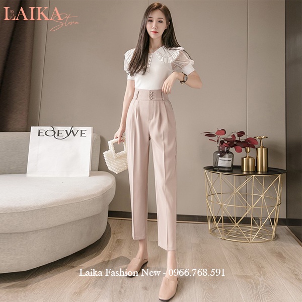 Quần baggy nữ cạp cao công sở bản to xếp ly phối 3 cúc dáng quần tây nữ lưng cao ống đứng vải dày mềm mặc đi học công sở