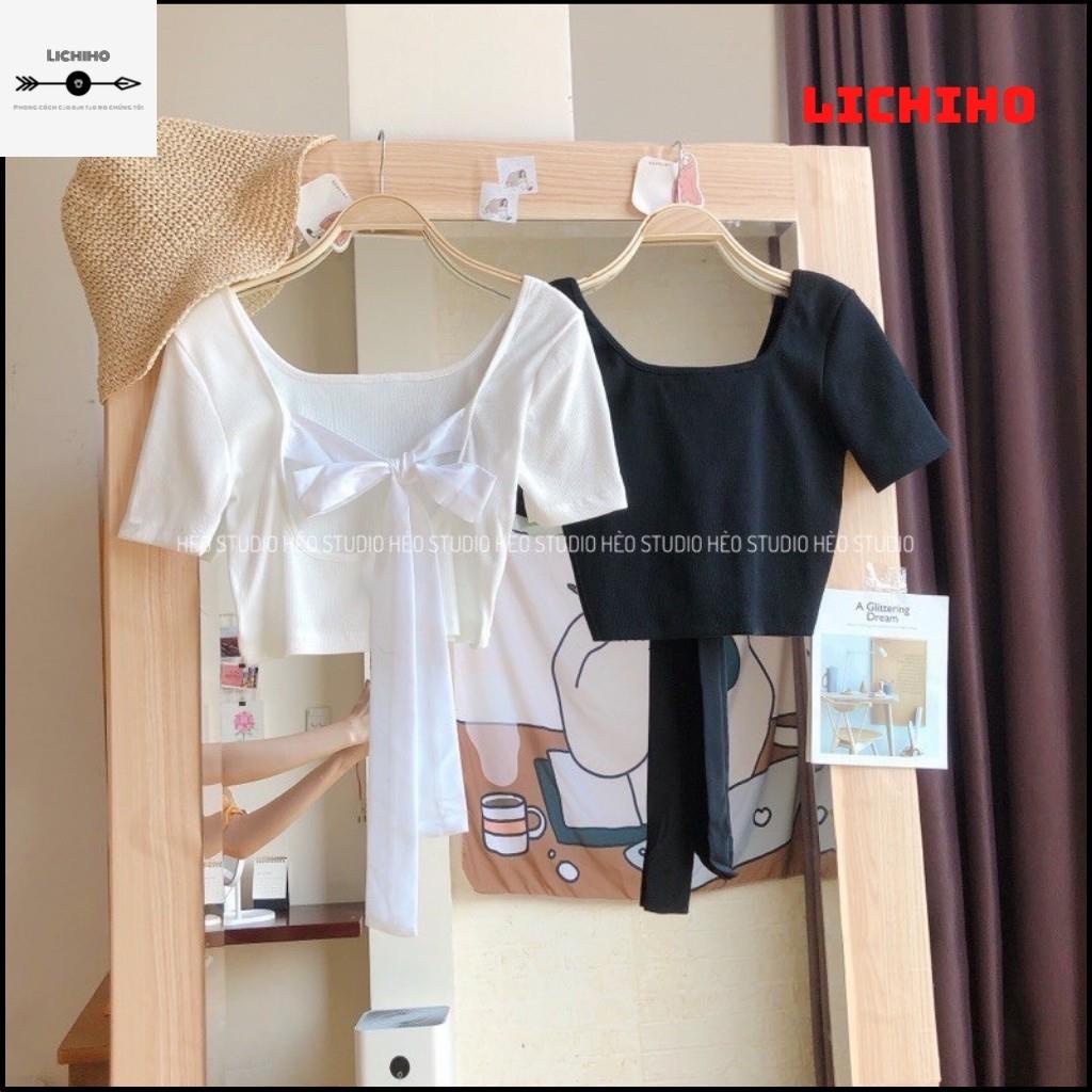 Áo croptop cổ vuông buộc nơ sau lưng CT10 LICHIHO áo thun nữ mềm mịn quyến rủ | BigBuy360 - bigbuy360.vn