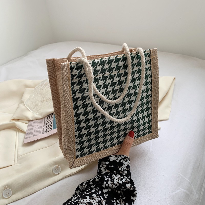 Túi Cói Vintage Đi Biển Phong Cách Hàn Quốc Hoạ Tiết caro size 21 | BigBuy360 - bigbuy360.vn