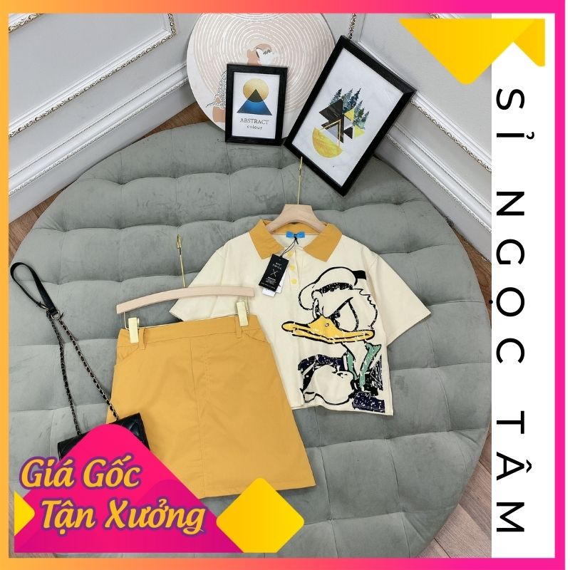 Set áo thun cổ bẻ vịt vàng chân váy kaki chữ A có quần trong - Sỉ Ngọc Tâm