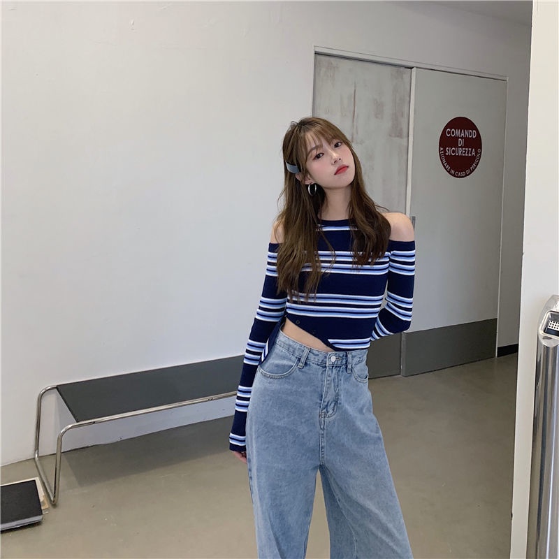 Áo Thun Tay Dài Trễ Vai Họa Tiết Kẻ Sọc Thời Trang Cho Nữ