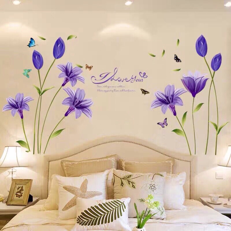 Decal dán tường hoa tulip tím,sẵn keo dán không thấm nước.