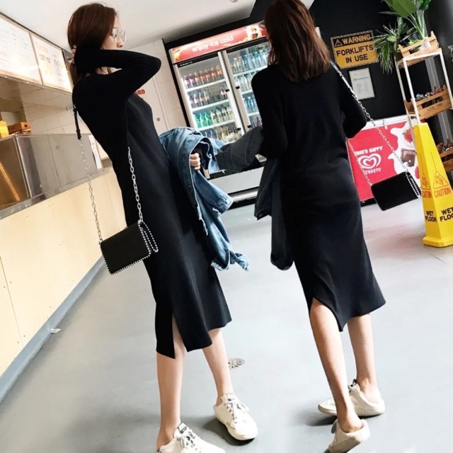 Đầm suông váy suông nữ dài tay cổ tim chất đẹp có hình thật