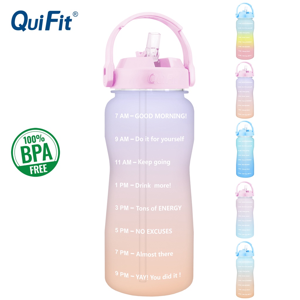 QuiFit 2L Bình Nước Thể Thao Miệng Rộng Bằng Tritan Cách Nhiệt Không BPA Có Ống Hút Và Đánh Dấu Dung Tích