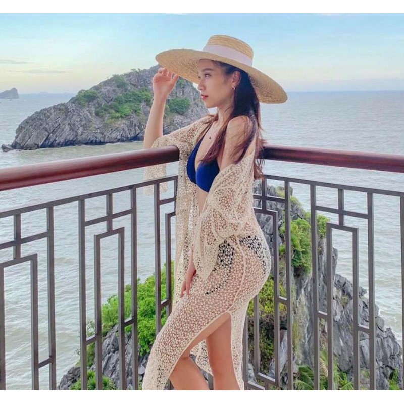 Mũ cói rộng vành dây buộc sang chảnh