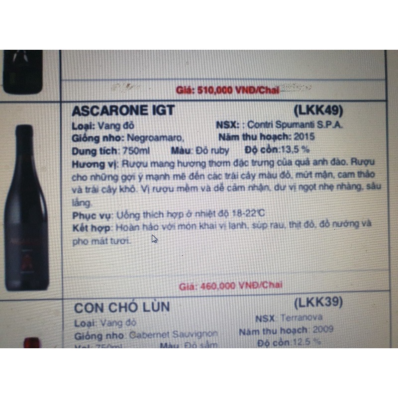 Nho lên men ASCARONE IGT  750ML nhập khẩu Italia