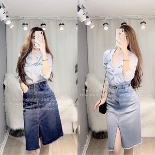 Bán Sỉ Chân váy Jean dáng dài xẻ trước VNXK