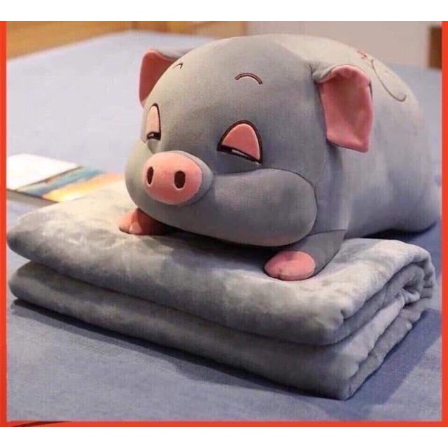 Sét Chăn Gối Heo Văn Phòng Hình Lợn Con Dễ Thương - Chăn Gối 2in1 Hình Heo Con, Heo Hồng 50cm Kèm Mền Màu 1m7