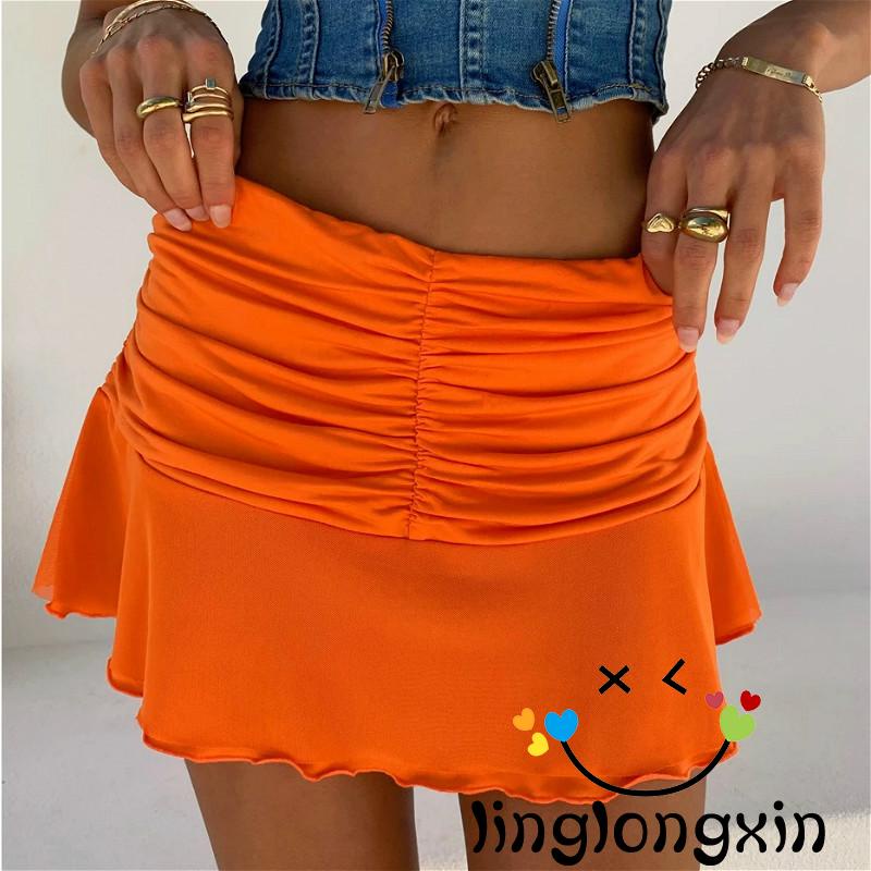 Chân váy ngắn xếp ly màu trơn lưng thun co giãn màu trắng/đen/cam cho nữ