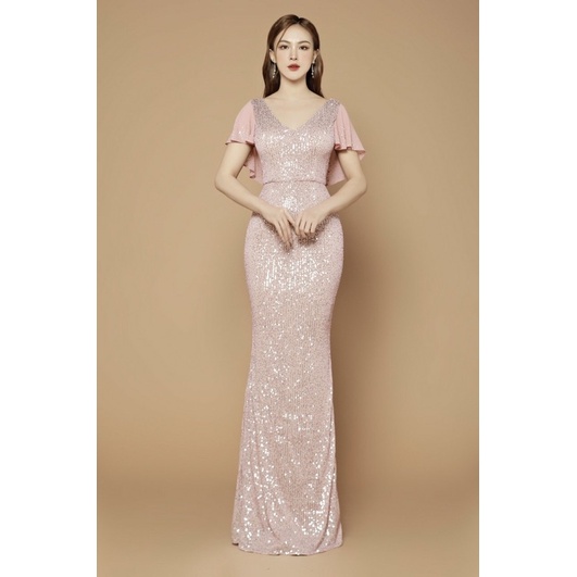 Đầm dạ hội kim sa thun tay choàng cao cấp