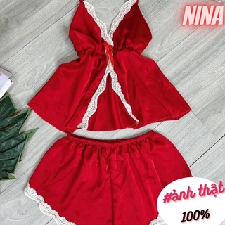 Bộ ngủ nữ lụa satin hai dây ngắn phối ren sexy NINA