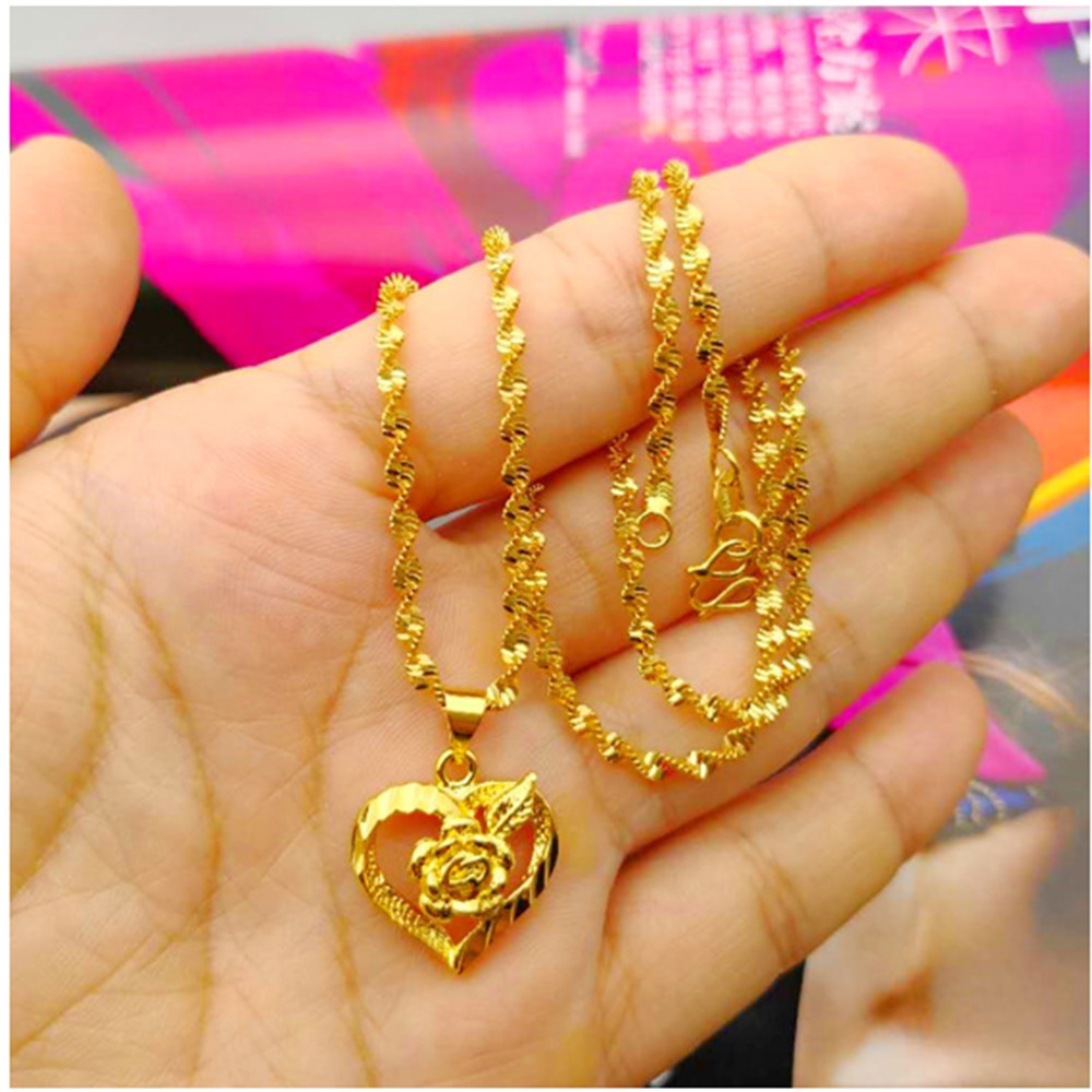 Dây Chuyền Nữ Mạ Vàng 24K - Mặt Trái Tim Đính Bông Hoa Hồng - Cá Tính Và Sang Trọng