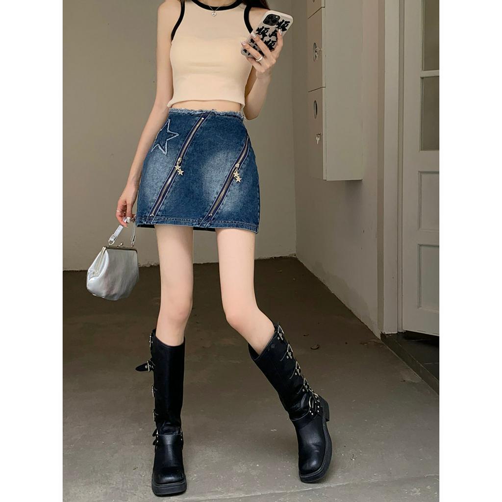 Lalisas Chân váy jean Ngắn Chữ A Lưng Cao Họa Tiết Ngôi Sao Viền Thô Phong Cách retro Cho Nữ