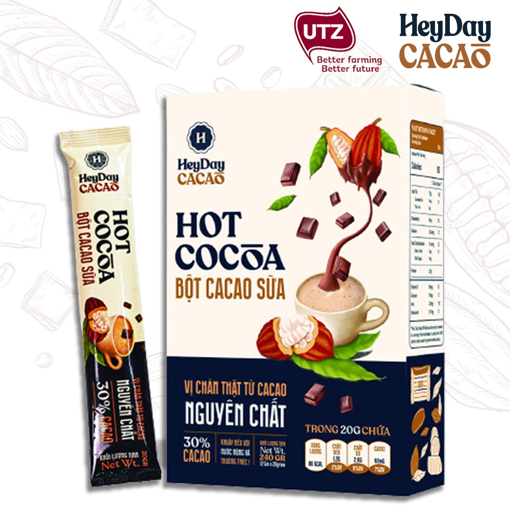 Bột Cacao Sữa Heyday - Hộp 12 gói x 20g - Đậm vị cacao thượng hạng và sữa tách béo tốt cho sức khoẻ