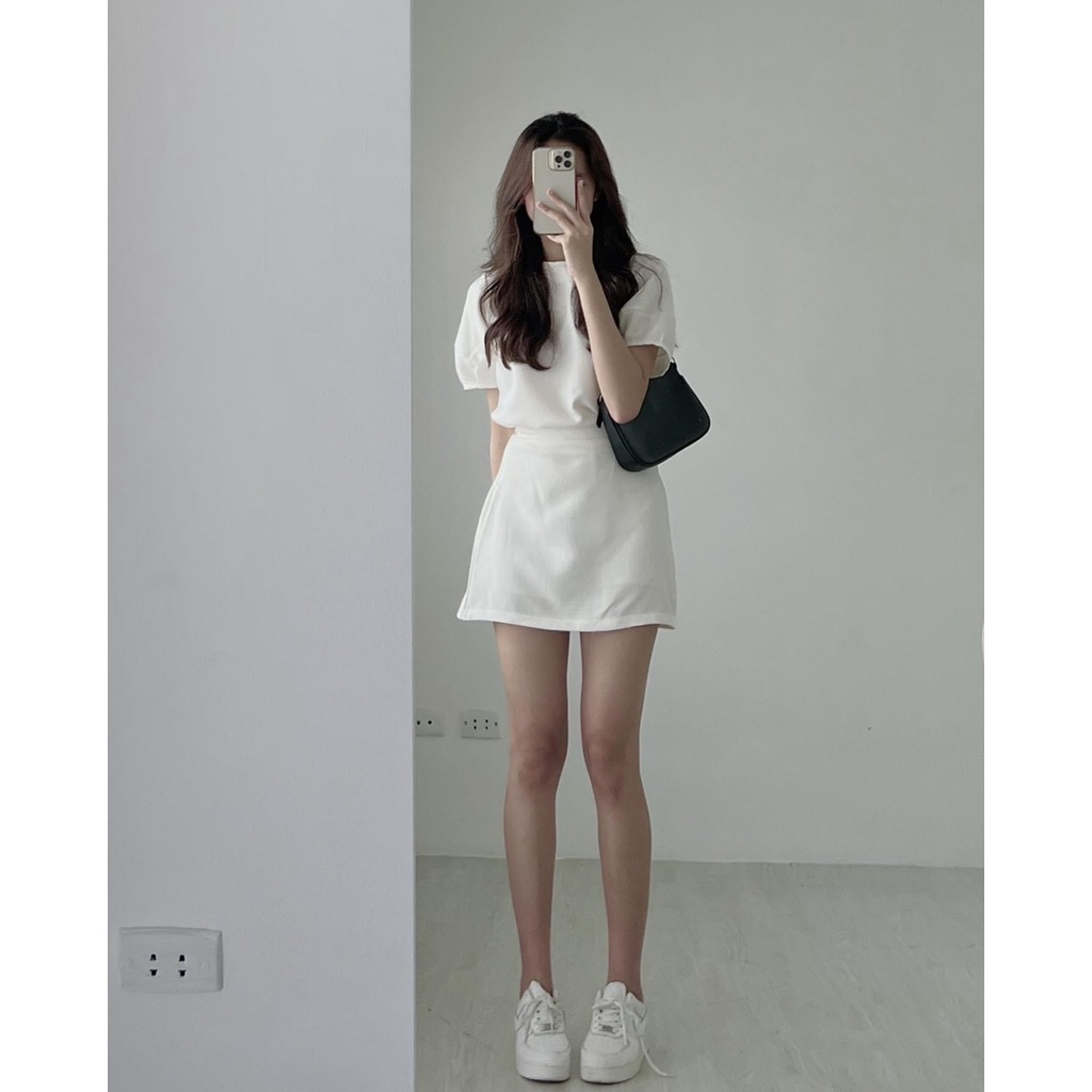 Set Áo Tay Bồng Và Chân Váy Chữ A Có 2 Lớp Phía Sau Lưng Chun Chuẩn Form