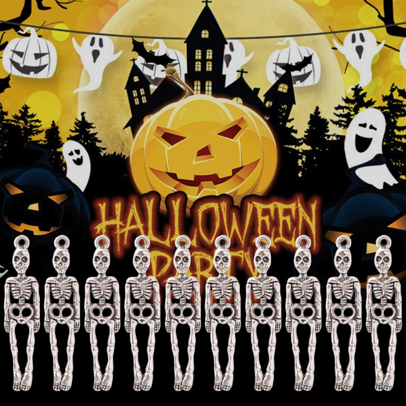 Bộ 10 Phụ Kiện Hình Bộ Xương Màu Bạc Dùng Làm Trang Sức Dịp Halloween