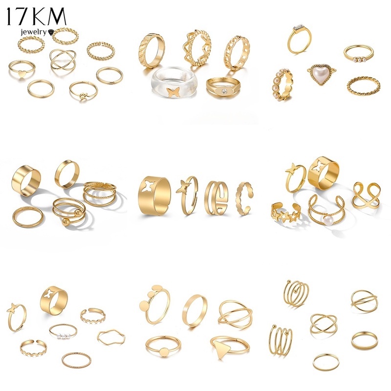 Set nhẫn đeo ngón tay 17KM thiết kế ngọc trai trái tim bươm bướm điều chỉnh được kích thước thời trang dành cho nữ
